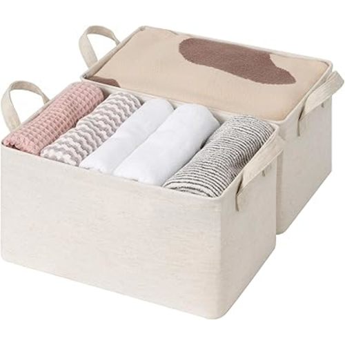 StorageWorks Storage Bins, Shelves Baskets for Organizing, Fabric Closet Organizers with Handles, Metal Frame, Beige?Cotton-linen?, 2-Pack