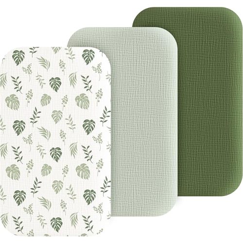 Muslin Bedside Sleeper Bassinet Fitted Sheets, 3 Pack Cotton Baby Sheet for Boys & Girls, Soft, Compatible with Baby Delight, Dream On Me, AMKE and Other Rectangle Mattress (Leaf Green)