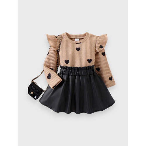 2 Pc Baby Girl Heart Top with Pleather Skirt