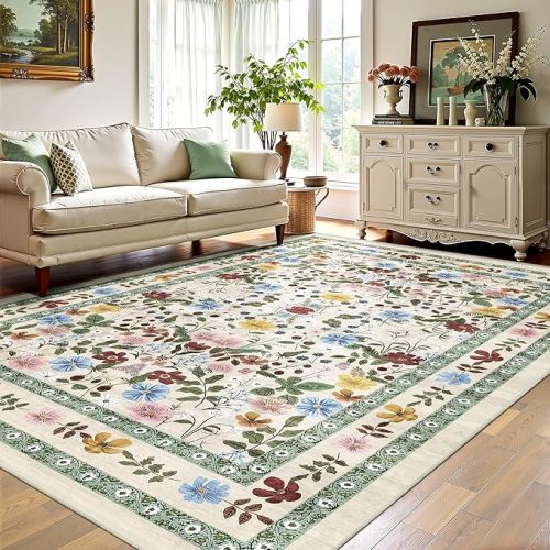 Deerly Floral Area Rugs 5x8 Vintage Boho Washable Non-Slip Living Room Carpet Soft Low Pile Colorful Thin Bedroom Floor Mat Indoor for Dining Room Playroom Nursery Farmhouse, Beige/Green/Multi