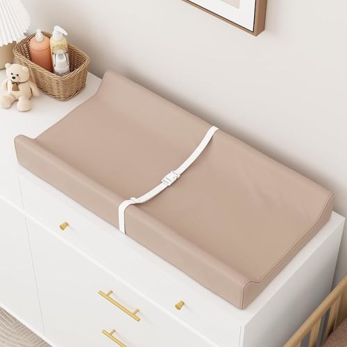 YACODAVO Wipeable Baby Changing Pad for Dresser and Table, Cozy Diaper Changing Pad with Waterproof & Wipe-Clean Leather Cover, Light Brown