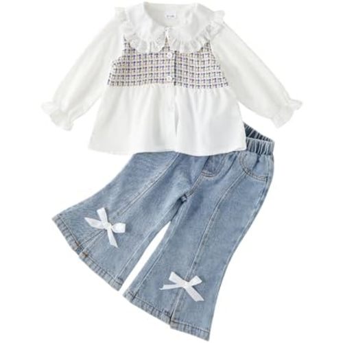 Toddler Baby Girls Peter Pan Collar Shirt Clothes, Long Sleeve Shirt Top Jeans Cute Outfit Baby Girl Fall Winter Clothes