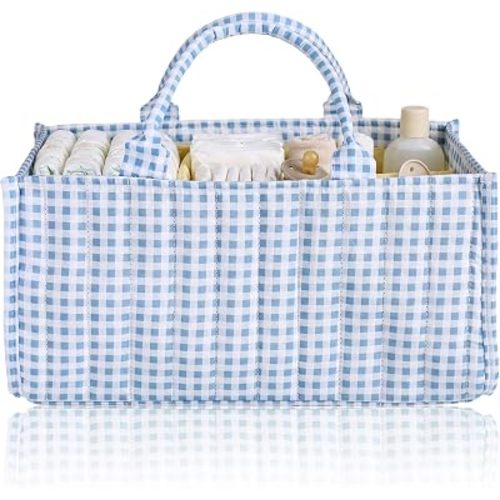 Shinylin Diaper Caddy Organizer with Blue White Gingham Portable Nursery Storage Basket with Handles and Removable Dividers Blue and White Decor Storage Bin for Diaper Caddy Wipes Organizer Gifts