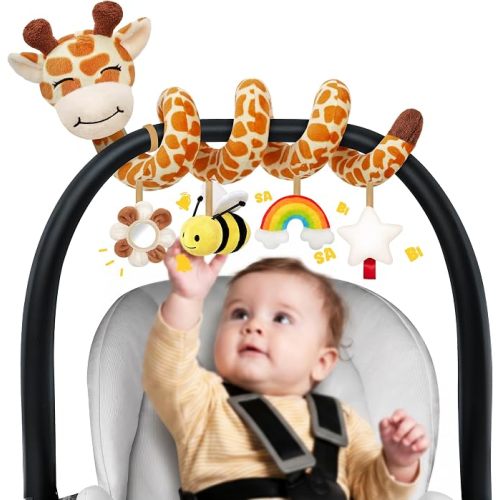 Stuffed Spiral Car Seat Baby Toys 6-12 Months, Infant Giraffe Sensory Toys Hanging Stroller Accessories, Newborn Shower Gifts for Baby Boys Girls Essentials | Cute Colorful Giraffe