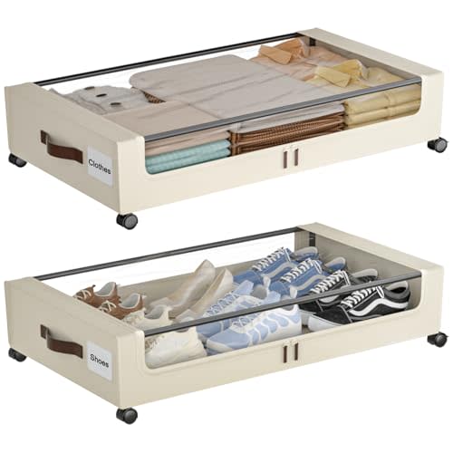 GoFujuco Under Bed Storage with Wheels,XXL 60L Under Bed Storage Containers with Clear Lids, Rolling Under Bed Metal Drawer for Clothes, Shoes,Toys (White, 2 Pack)