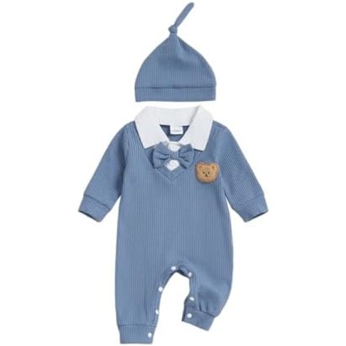 Baby Boy Waffle Knit Bear Jumpsuit Fall Winter Long Sleeve Lapel Neck Bowtie Romper and Hat Newborn Coming Home Outfit