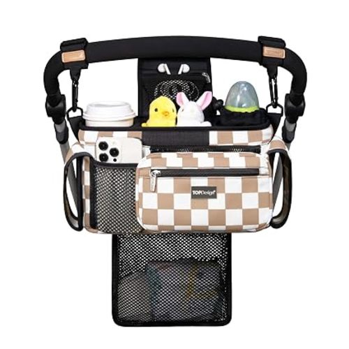 TOPDesign Universal Baby Stroller Organizer, Stroller Caddy with Detachable Mesh Bag & Heightened Insulated Cup Holders & Non-Slip Secure Hooks Accessories, Fits Most Strollers (Khaki Checkered)