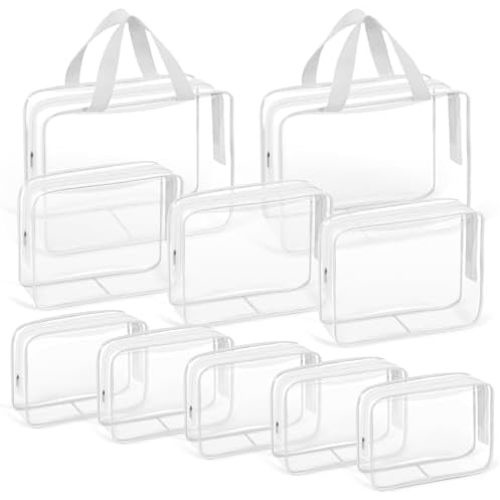10 PCS Clear Travel Makeup Toiletry Bag, Plastic PVC Cosmetic TSA Approved Organizer Kit with Zipper Handbag(White)
