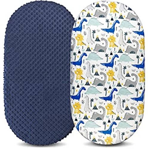 Owlowla Bassinet Sheet Set,Ultra Soft Minky Cradle Sheets Universal Fitted Bassinet Pad/Mattress for Baby Boys Girls(Navy/Dinosaur)