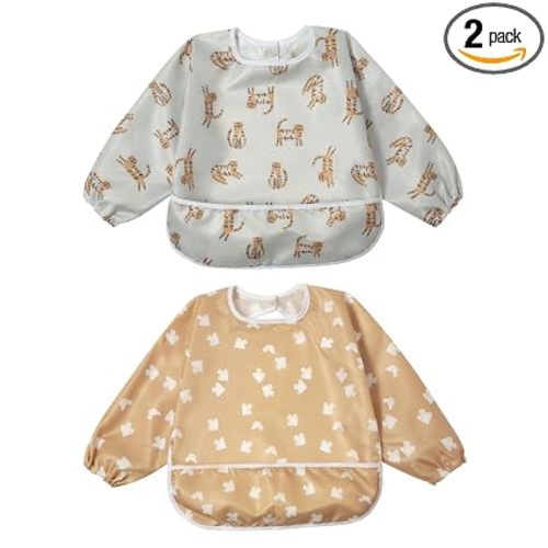 Little Dimsum Long Sleeve Bib for Baby Infant Toddler 6-36 Months | Waterproof Smock Bib for Eating,Mess-Proof Feeding Bibs,Catching Food & Wipe Clean| Pack of 2 Colors