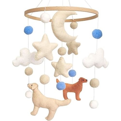 Dog Baby Mobile, Mobile for Crib, Crib Mobile for Boys and Girls, Nursery Mobile for Bassinet, Pack and Play, Dog, Moon, Cloud, Star, Blue Felt Ball