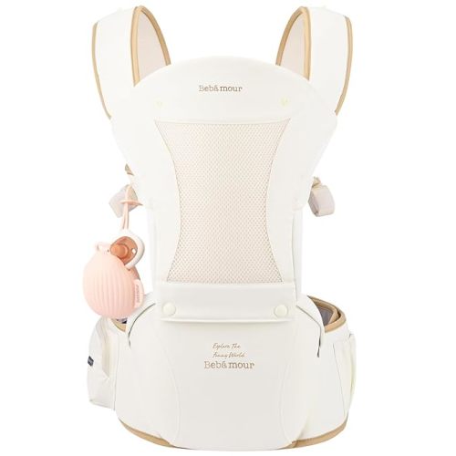 Bebamour Baby Carrier with Hip Seat,All-Position Breathable Mesh Hip Seat & Carrier 0-36Months with Head Hood, 3 PCS Cotton Pads, Waist Extender,Storage Bag & Pacifier Case,Khaki