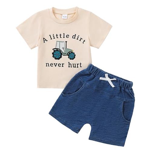 Jecson Baby Boy Summer Clothes Toddler Boy Outfits Letter Print Short Sleeve T-Shirt Denim Shorts Clothing Set 6M-4T