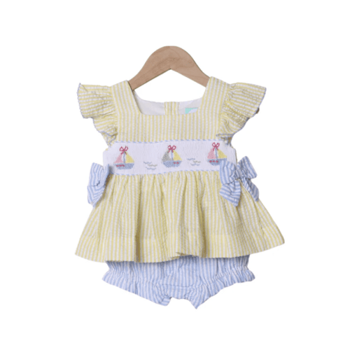 Smocked Sailboat Blue/Yellow Ruffle Bloomer Set
