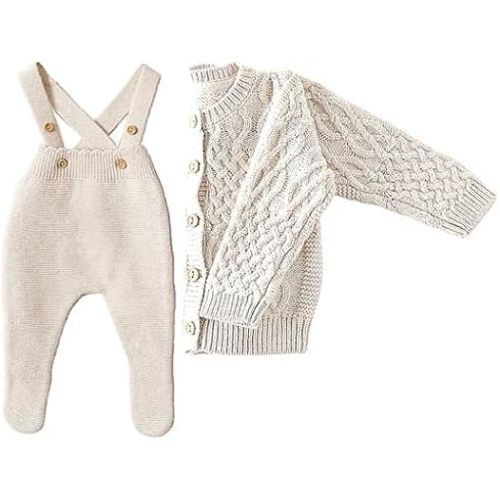 2-Piece Set, Cable Knit Cardigan and Knit Overall in Oatmeal Color, Organic Cotton 3-6 Months