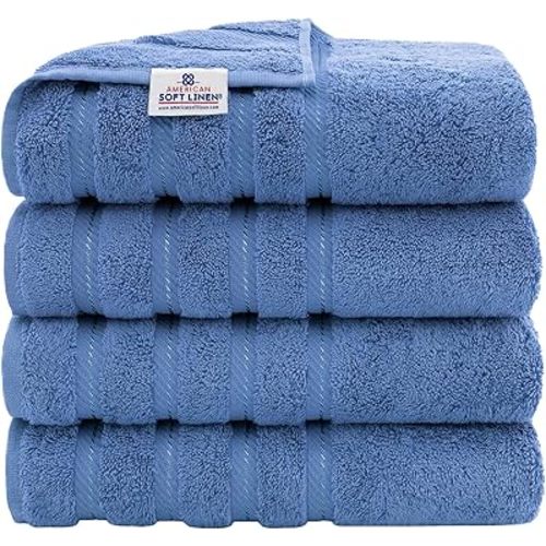 American Soft Linen Luxury 4 Piece Bath Towel Set, 600 GSM 100% Cotton Turkish Bath Towels for Bathroom, 27x54 in Extra Large Bathroom Shower Towels, Electric Blue