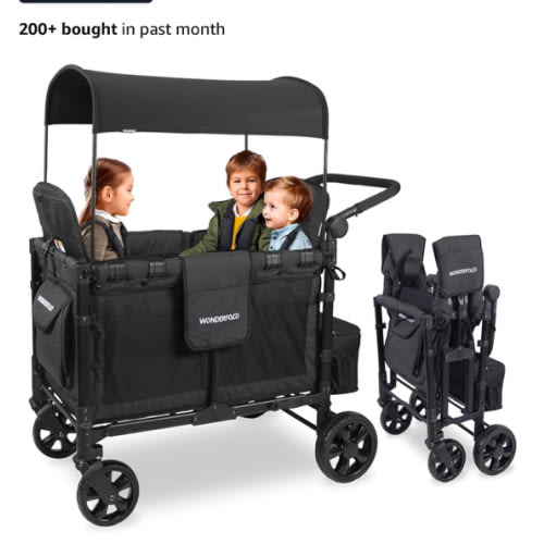 WONDERFOLD W2 Original + Stroller Wagon (2 Seater) - Collapsible Wagon Stroller with Seats with 5-Point Harnesses, Easy-Access Door, and Adjustable Sun Canopy, Black