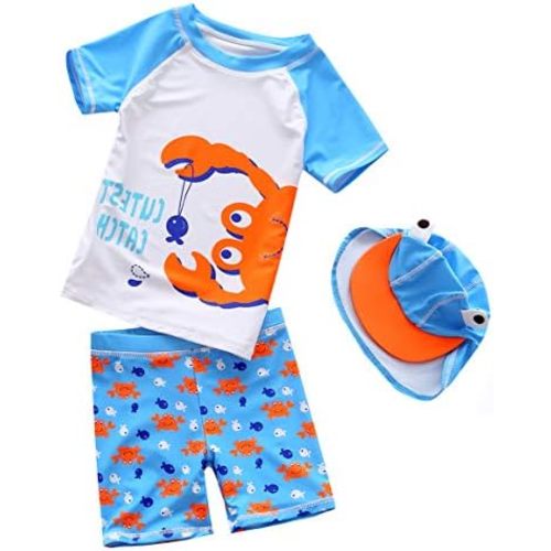 Baby Toddler Boys Two Pieces Swimsuit Set Swimwear Dinosaur Bathing Suit Rash Guards with Hat UPF 50+