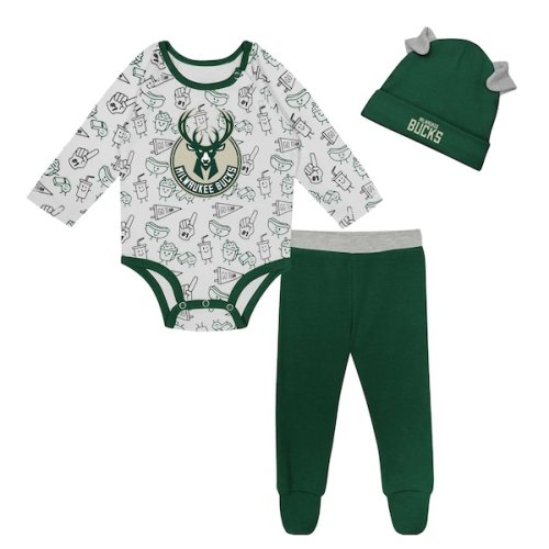 Newborn & Infant Milwaukee Bucks Little Champ Long Sleeve Bodysuit, Pants & Cuffed Knit Hat 3-Piece Set