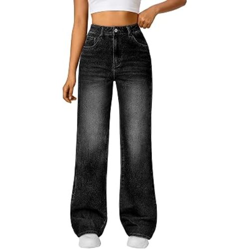 Trendy Queen Women High Waisted Straight Wide Leg Jeans Stretch Baggy Pants