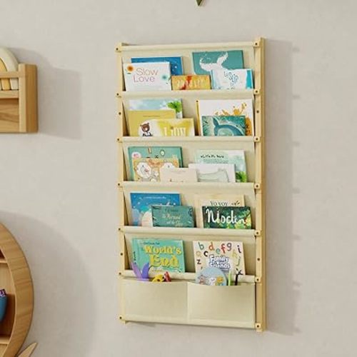 Wood 6-Tier Wall Mounted Kids Bookshelf – Floating Book Shelf For Kids Rooms,Nursery & Classroom, Hanging Bookcase Organizer For Books,Toddler Book Shelf, Montessori Bookshelf, Nursery Shelves (Small)
