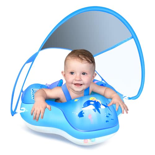LAYCOL Baby Swimming Float Inflatable Baby Pool Float Ring with Sun Protection Canopy,add Tail no flip Over for Age of 3-36 Months