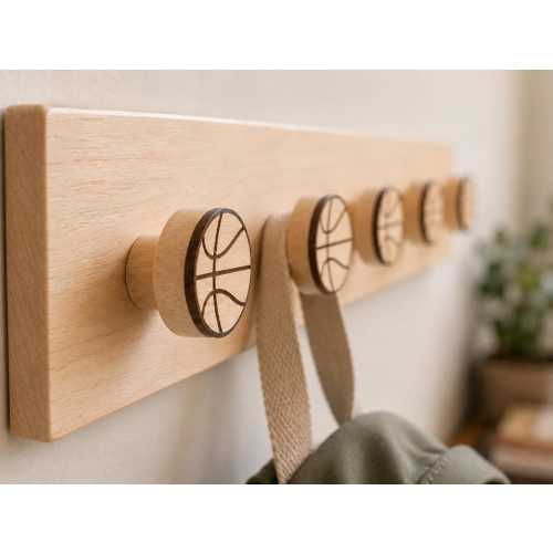Basketball-themed wooden decorative hook - Sports room decoration — Storage for backpacks and clothes
