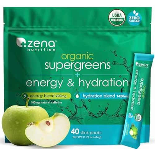 Zena Nutrition Organic Super Greens Energy & Hydration Powder, 70+ Superfoods, 0 Sugar, 5G Fiber, Spirulina, Chlorella, Prebiotics/Probiotics, Natural Caffeine + Electrolytes, 40 Drink Mix Packets