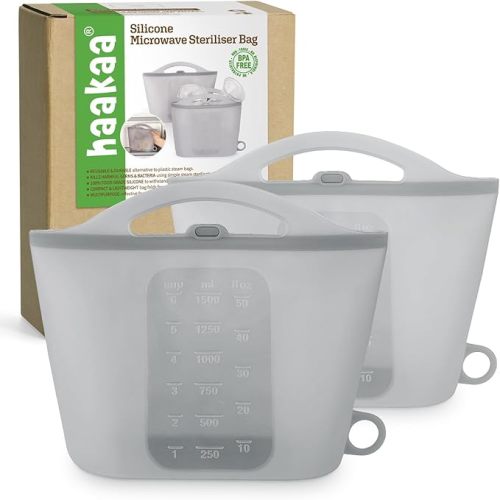 Haakaa Silicone Microwave Steam Sterilizer Bags, Reusable Silicone Steaming Bags for Baby Bottles, Breast Pump, Accessories, Pacifiers and Teethers, Great for Home and Travel, Grey (2PCS)