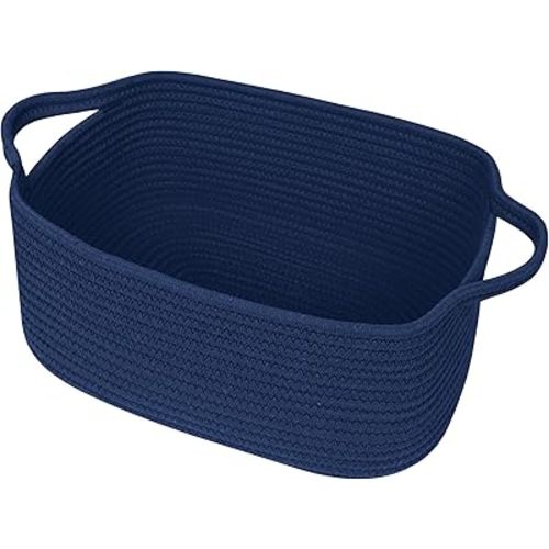 Cute Blue Woven Basket, Empty Gift Basket for Christmas, Thanksgiving, Easter, Birthday, Cotton Rope Storage Bin with Handle for Gift, Dog Toy Box, Baby Nursery Organizer, Dark Blue Decor