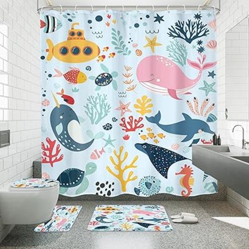 Blue Summer Ocean Beach 4Pcs Bathroom Shower Curtain Set with Rugs