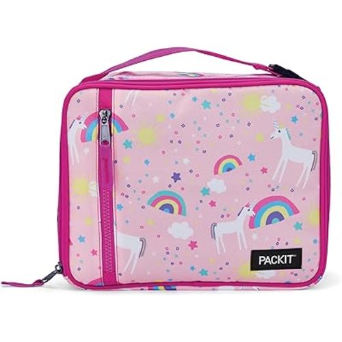 PackIt Freezable Classic Lunch Box, Unicorn Sky Pink, Built with EcoFreeze Technology, Collapsible, Reusable, Zip Closure With Zip Front Pocket and Buckle Handle, Perfect for School Lunches