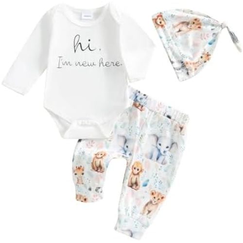 Newborn Baby Boy Girl Clothes Im New Here Romper Bodysuit Animal Pants Set with Hat Coming Home Hospital Outfits