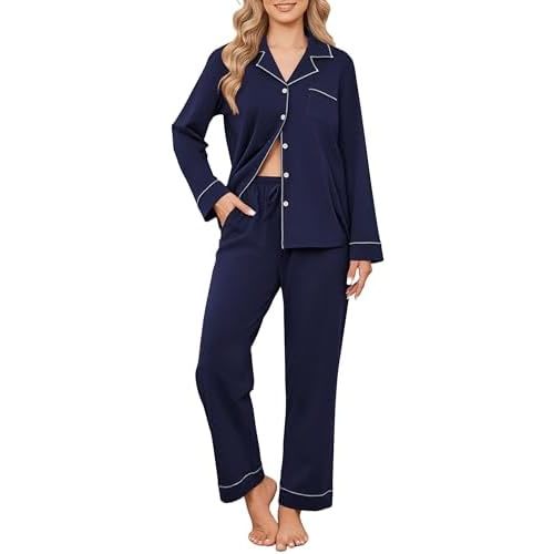 Ekouaer Womens Pajama Sets Cotton PJs 2 Piece Long Sleeve Sleepwear Button Down Tops and Pants Cozy Lounge Set
