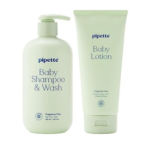 Pipette Fragrance Free Wash and Lotion Duo, Pack of 2, Fragrance Free Baby Shampoo and Body Wash, Unscented Lotion for Newborns, Sensitive Skin, and Kids, Tear-Free Bath Time, Hypoallergenic