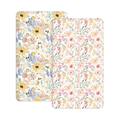 Pack and Play Sheets 2 Pack, Fitted Jersey Knit Mini Crib Sheets for Baby Boys and Girls, Compatible with Graco Pack N Play and Mini Crib Mattress (Golden Meadow, Pack N Play/Mini Crib Sheets)