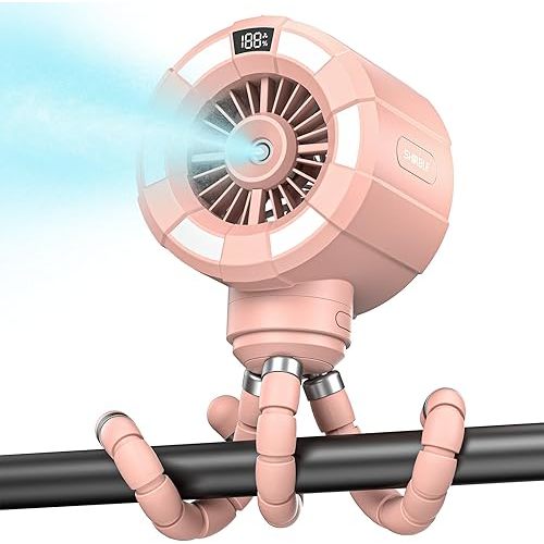 Baby Stroller Misting Fan, 6000mAh Rechargeable Clip-On Fan, 3 Speeds & 2 Spray Modes, 14H Cooling, Leak-Proof 100ML Tank, Night Light & Timer, BPA-Free for Strollers, Cribs & Travel (Pink)