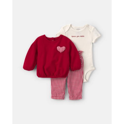 Baby Girl 3-Piece 'Love You More' Gingham Heart Valentine's Day Long-Sleeve Layering Set - Red/Cream | Carter's