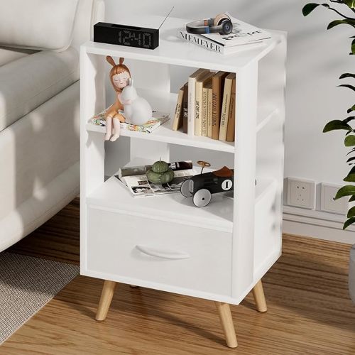 Night Stand, White Nightstand with Drawer, Side Table with Open Storage, 3-Tier Modern End Table, Bedside Table for Small Space, Living Room, Bedroom