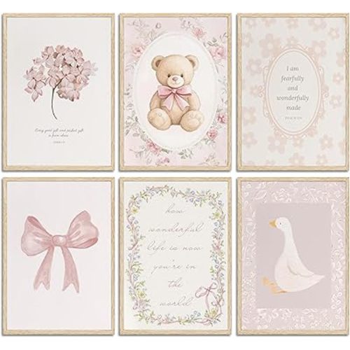 6Pcs Pink Christian Nursery Wall Art Bible Verse Pictures Painting Picture Wall Decor Jesus Aesthetic Scripture Coquette Bow Vintage Floral Poster Print Artwork for Girl Nursery Room Home Decoration