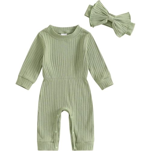 Newborn Baby Girl Fall Outfits Long Sleeve Ribbed Romper Jumpsuit with Headband Set Infant Girl Clothes
