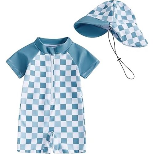 Baby Boy Girl Swimsuit Toddler Checkered Print Half Zip One Piece Bathing Suit Swimsuit Rash Guard Surfing Suit Hat