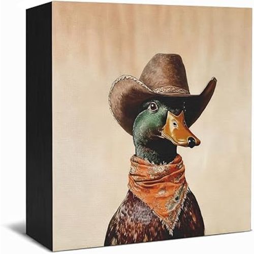 Vintage Western Cowboy Mallard Duck Wooden Box Sign, Mallard Duck Nursery Decor, Rustic Farmhouse Country Green Head Ducks Wood Signs for Boys Room Home Office Decor, 5x5 Inch