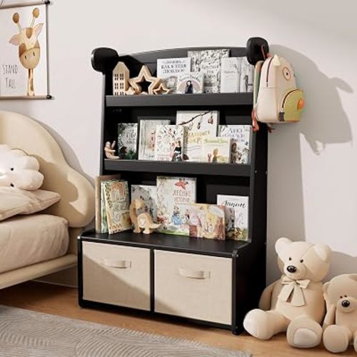 APRTAT Bamboo Kids Bookshelf, Montessori Toddler Bookcase with 2 Toy Bins