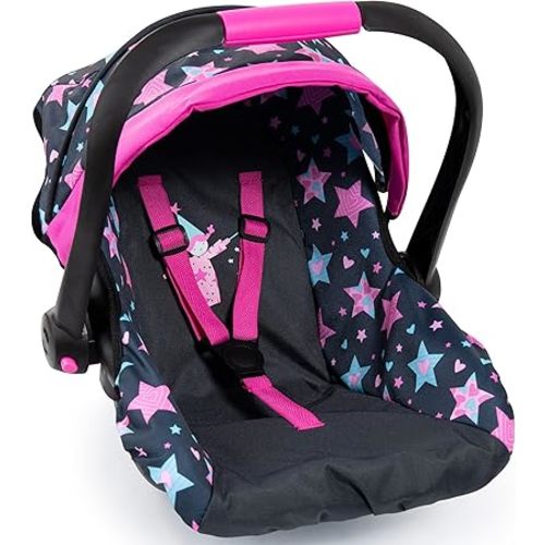 Babydoll Car Seat - Turquoise, Pink, Stars - Fits Dolls Up to 18", Kids Pretend Play, Safety Belt, Sun Canopy, Ages 3+