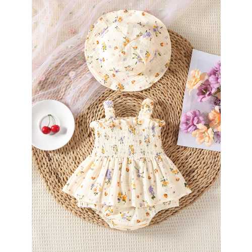 Floral Smocked Cotton Muslin Baby Romper with Hat