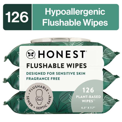 Honest Plant-Based Flushable Wipes, 3 Packs of 42