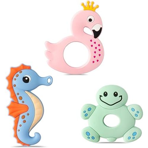Silicone Teething Toy for Babies - 2ooya 3Pcs Summer Ocean Animal Themed Soft Teether, Infant BPA Free Sore Gums Pain Teething Relief Chew Toy Gift for Toddler Newborn 6-12 Months Baby Shower Birthday