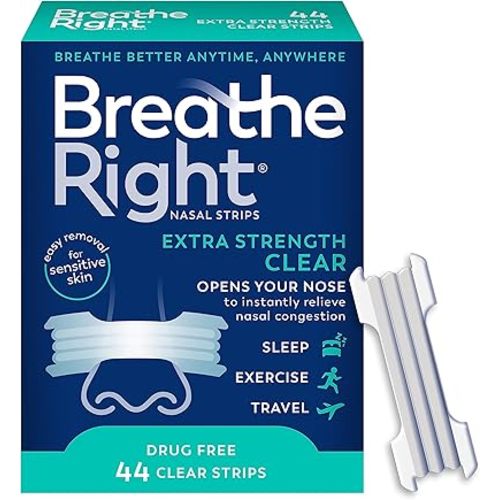Breathe Right Nasal Strips | Extra Strength | Clear | For Sensitive Skin I Drug-Free Snoring Solution & Nasal Congestion Relief Caused by Colds & Allergies | 44 Count (Packaging May Vary)