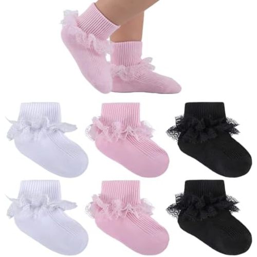 Baby Girl Ruffle Socks Double Lace Turn Cuff Cotton Fancy Ankle Frilly Dress Socks for Newborn Infant Toddler Girls